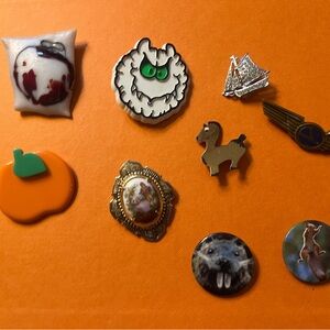 9 vintage and modern pins and brooches- rhinestone, porcelain, glass, silver